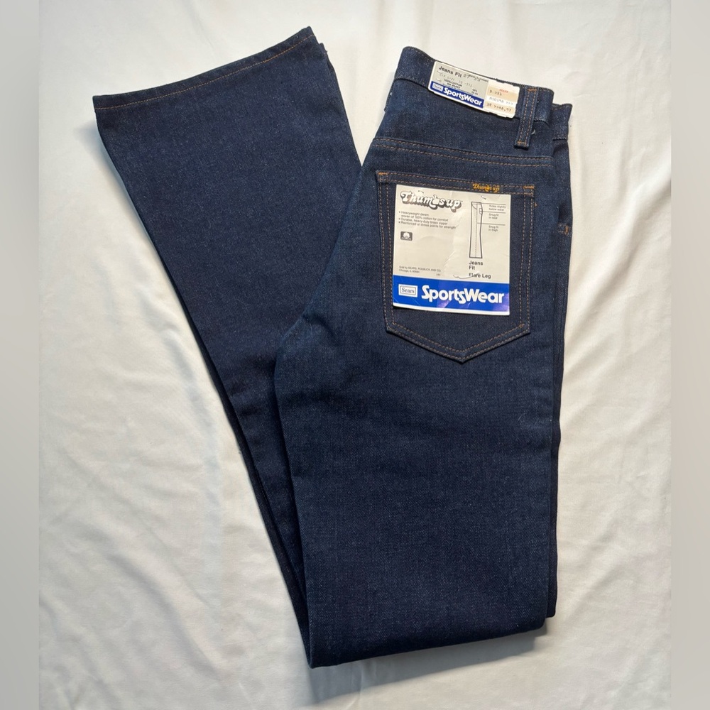 Vintage 70s Women’s Jeans Thumbs Up Sports Wear Sears Flare Leg Dark Wash 27x33